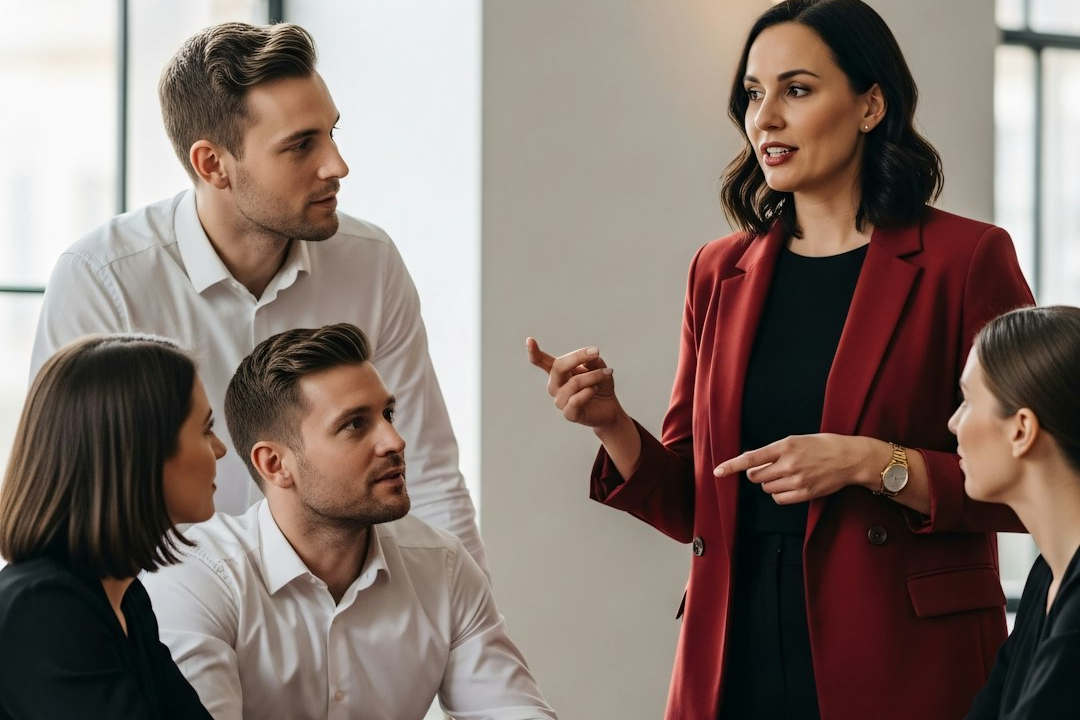 Sales manager coaching a team in an office